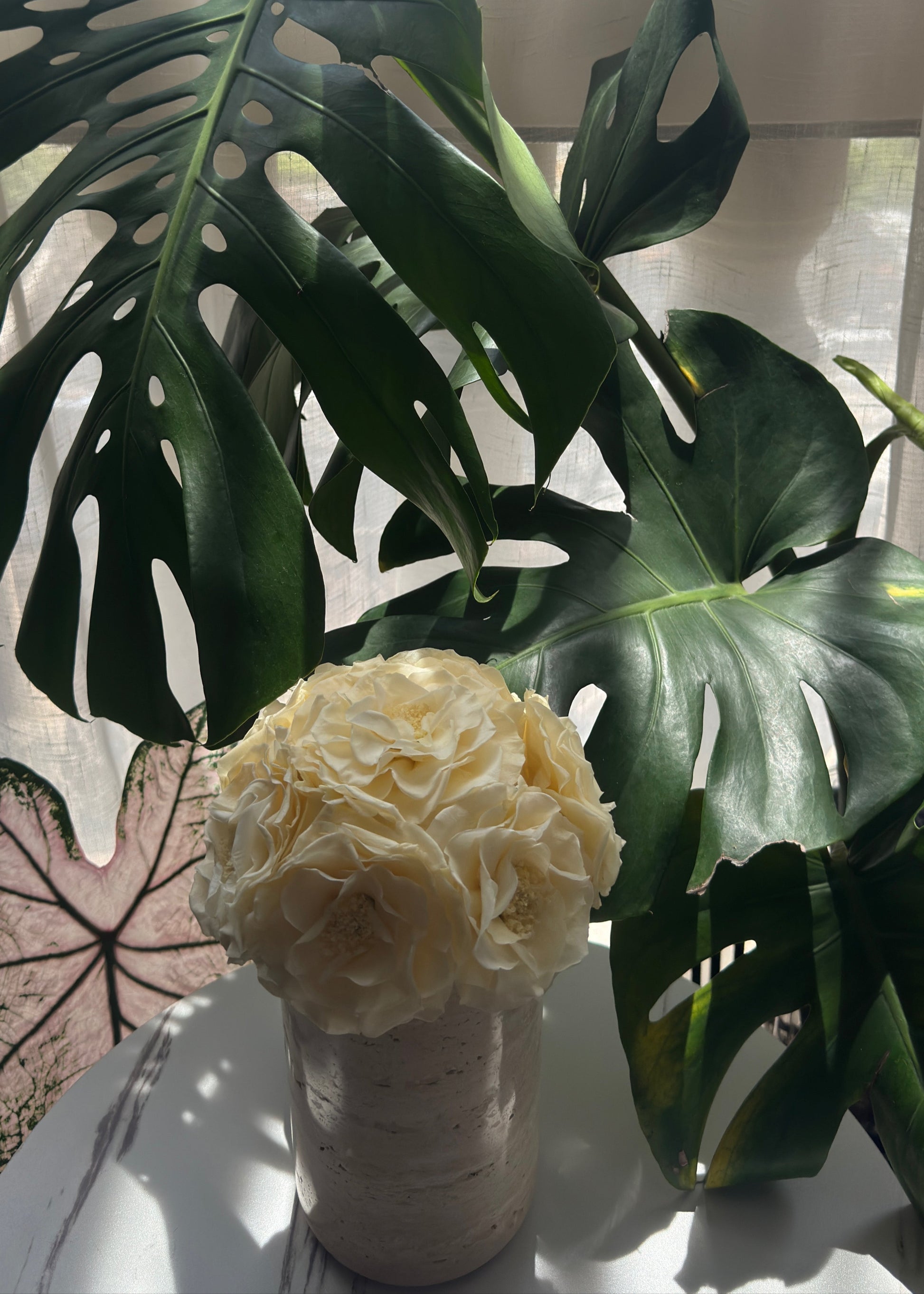 A bunch of preserve  rose in a natural travertine vase is set against a backdrop of lush monstera leaves. The contrast between the delicate flowers and the bold greenery creates a visually appealing scene, bringing a touch of nature's beauty and tranquility indoors.