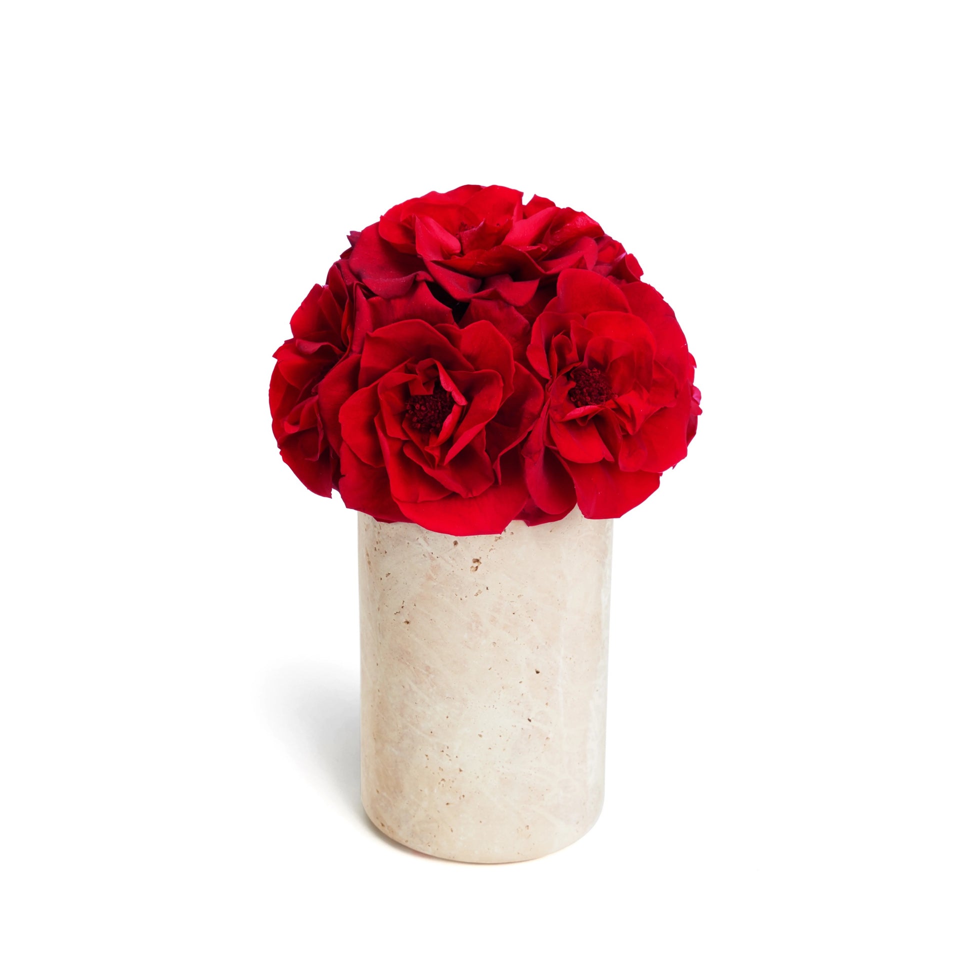 A vibrant cluster of red preserved roses arranged in a natural travertine vase, creating a striking and long - lasting decorative piece.